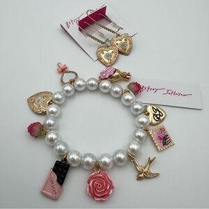 Betsey Johnson Pearl Charm Bracelet + Daisy Heart Locket Earrings Set NWT